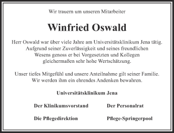 Traueranzeige von Winfried Oswald von Ostthüringer Zeitung, Thüringische Landeszeitung