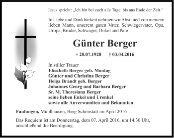 Traueranzeige von Günter Berger von Thüringer Allgemeine, Thüringische Landeszeitung