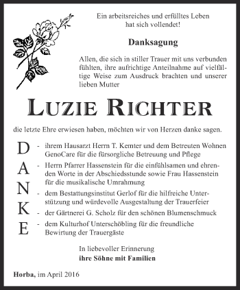 Traueranzeige von Luzie Richter von Ostthüringer Zeitung