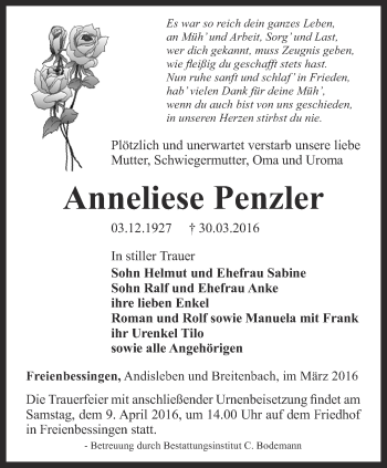 Traueranzeige von Anneliese Penzler von Thüringer Allgemeine