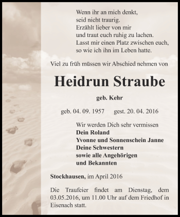 Traueranzeige von Heidrun Straube von Thüringer Allgemeine, Thüringische Landeszeitung