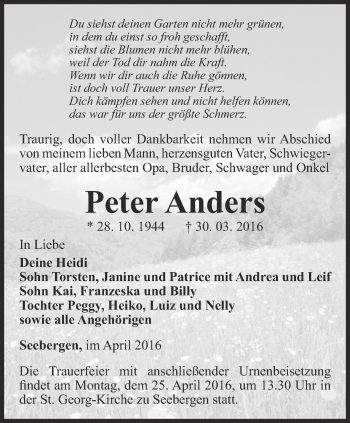 Traueranzeige von Peter Anders von Ostthüringer Zeitung, Thüringische Landeszeitung