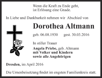 Traueranzeige von Dorothea Altmann von Ostthüringer Zeitung