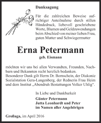 Traueranzeige von Erna Petermann von Ostthüringer Zeitung