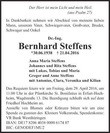 Traueranzeige von Bernhard Steffens von Thüringer Allgemeine, Thüringische Landeszeitung