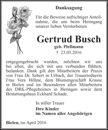 Traueranzeige von Gertrud Busch von Thüringer Allgemeine