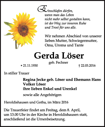 Traueranzeige von Gerad Löser von Thüringer Allgemeine, Thüringische Landeszeitung