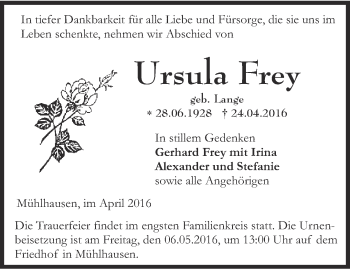 Traueranzeige von Ursula Frey von Thüringer Allgemeine, Thüringische Landeszeitung