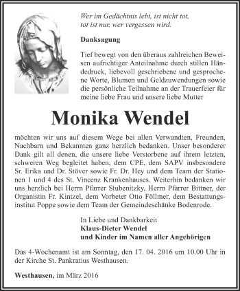 Traueranzeige von Monika Wendel von Thüringer Allgemeine