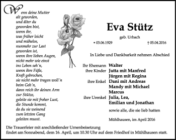 Traueranzeige von Eva Stütz von Thüringer Allgemeine, Thüringische Landeszeitung
