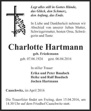 Traueranzeige von Charlotte Hartmann von Ostthüringer Zeitung