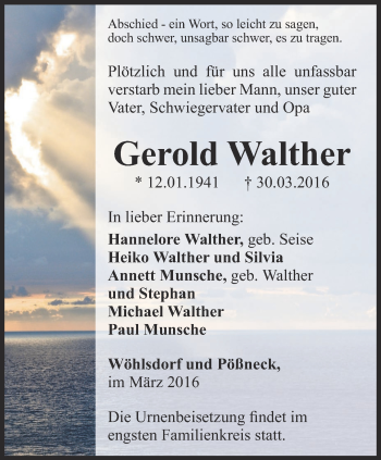 Traueranzeige von Gerold Walther von Ostthüringer Zeitung