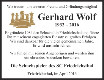 Traueranzeige von Gerhard Wolf von Thüringer Allgemeine