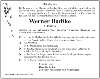 Traueranzeige von Werner Badtke von Thüringer Allgemeine