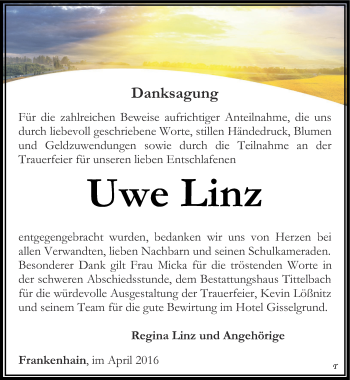 Traueranzeige von Uwe Linz von Thüringer Allgemeine