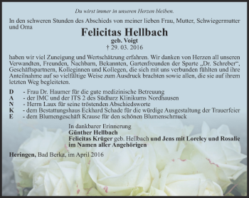 Traueranzeige von Felicitas Hellbach von Thüringer Allgemeine