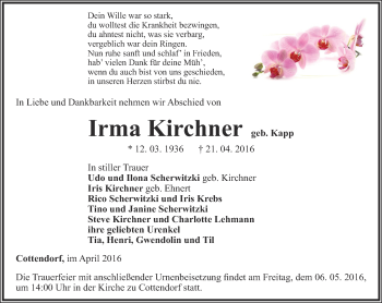 Traueranzeige von Irma Kirchner von Thüringer Allgemeine