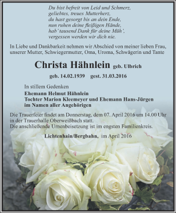 Traueranzeige von Christa Hähnlein von Ostthüringer Zeitung