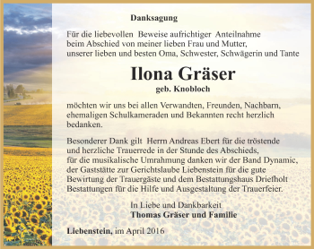 Traueranzeige von Ilona Gräser von Thüringer Allgemeine