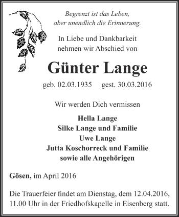 Traueranzeige von Günter Lange von Ostthüringer Zeitung