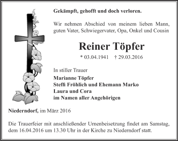 Traueranzeige von Reiner Töpfer von Ostthüringer Zeitung