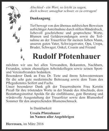 Traueranzeige von Rudolf Pfotenhauer von Thüringer Allgemeine, Thüringische Landeszeitung