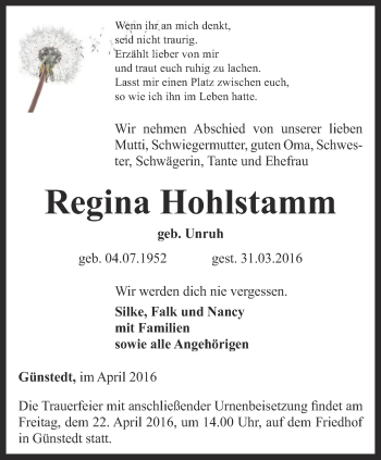Traueranzeige von Regina Hohlstamm von Thüringer Allgemeine