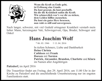 Traueranzeige von Hans Joachim Wolf von Ostthüringer Zeitung