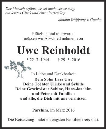 Traueranzeige von Uwe Reinholdt von Ostthüringer Zeitung, Thüringische Landeszeitung