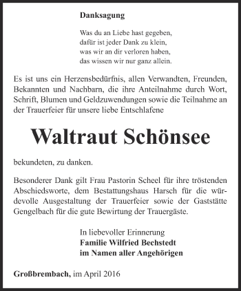 Traueranzeige von Waltraut Schönsee von Thüringer Allgemeine