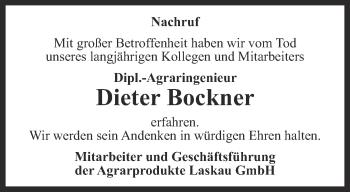 Traueranzeige von Dieter Bockner von Ostthüringer Zeitung