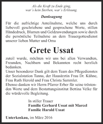 Traueranzeige von Grete Ussat von Ostthüringer Zeitung