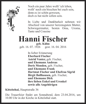 Traueranzeige von Hanni Fischer von Ostthüringer Zeitung, Thüringische Landeszeitung