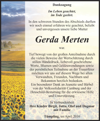 Traueranzeige von Gerda Merten von Ostthüringer Zeitung, Thüringische Landeszeitung