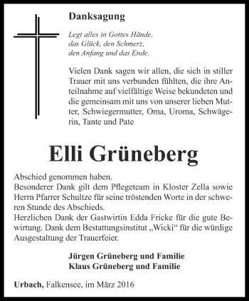 Traueranzeige von Elli Grüneberg von Thüringer Allgemeine, Thüringische Landeszeitung