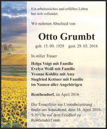 Traueranzeige von Otto Grumbt von Ostthüringer Zeitung