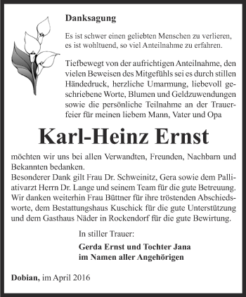 Traueranzeige von Karl-Heinz Ernst von Ostthüringer Zeitung