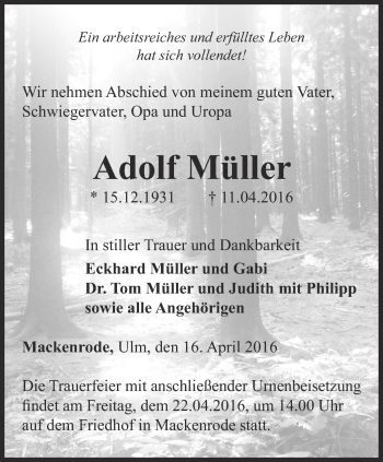 Traueranzeige von Adolf Müller von Thüringer Allgemeine