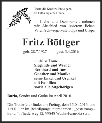 Traueranzeige von Fritz Böttger von Thüringer Allgemeine, Thüringische Landeszeitung