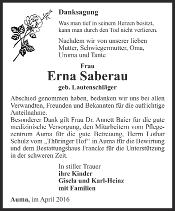 Traueranzeige von Erna Saberau von Ostthüringer Zeitung