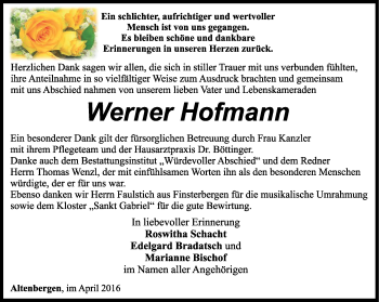 Traueranzeige von Werner Hofmann von Ostthüringer Zeitung, Thüringische Landeszeitung