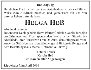 Traueranzeige von Helga Heß von Ostthüringer Zeitung