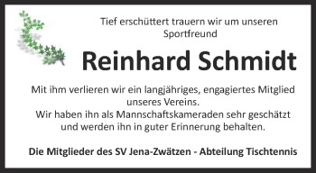 Traueranzeige von Reinhard Schmidt von Ostthüringer Zeitung, Thüringische Landeszeitung