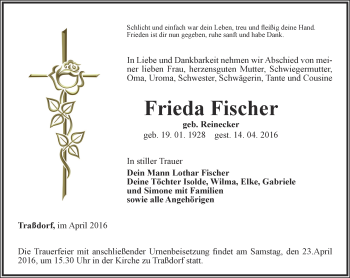 Traueranzeige von Frieda Fischer von Thüringer Allgemeine