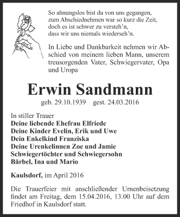 Traueranzeige von Erwin Sandmann von Ostthüringer Zeitung