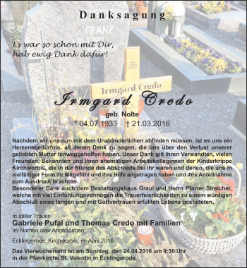 Traueranzeige von Irmgard Credo von Thüringer Allgemeine