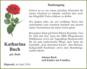 Traueranzeige von Katharina Buch von Thüringer Allgemeine, Thüringische Landeszeitung