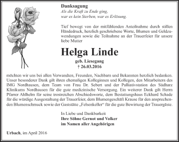 Traueranzeige von Helga Linde von Thüringer Allgemeine