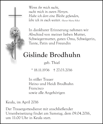 Traueranzeige von Gislinde Brodhuhn von Thüringer Allgemeine, Thüringische Landeszeitung