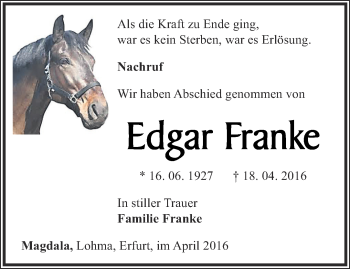 Traueranzeige von Edgar Franke von Thüringer Allgemeine, Thüringische Landeszeitung